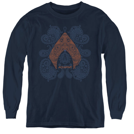 Aquaman Movie Aqua Paisley Long Sleeve Kids Youth T Shirt Navy Blue