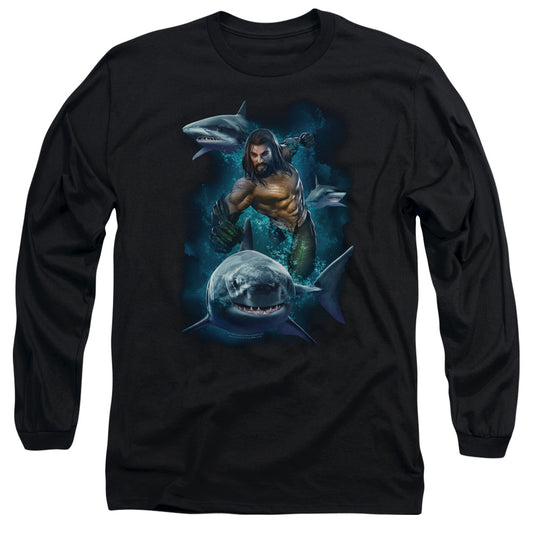 Aquaman Movie Swimming With Sharks Mens Long Sleeve Shirt Black