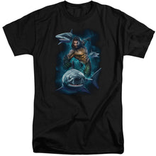 Load image into Gallery viewer, Aquaman Movie Swimming With Sharks Mens Tall T Shirt Black