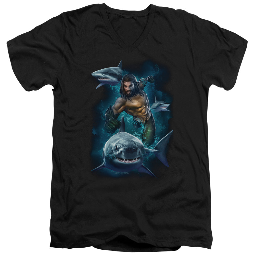 Aquaman Movie Swimming With Sharks Mens Slim Fit V-Neck T Shirt Black