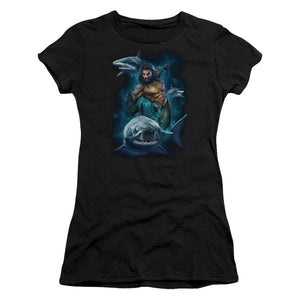 Aquaman Movie Swimming With Sharks Junior Sheer Cap Sleeve Womens T Shirt Black