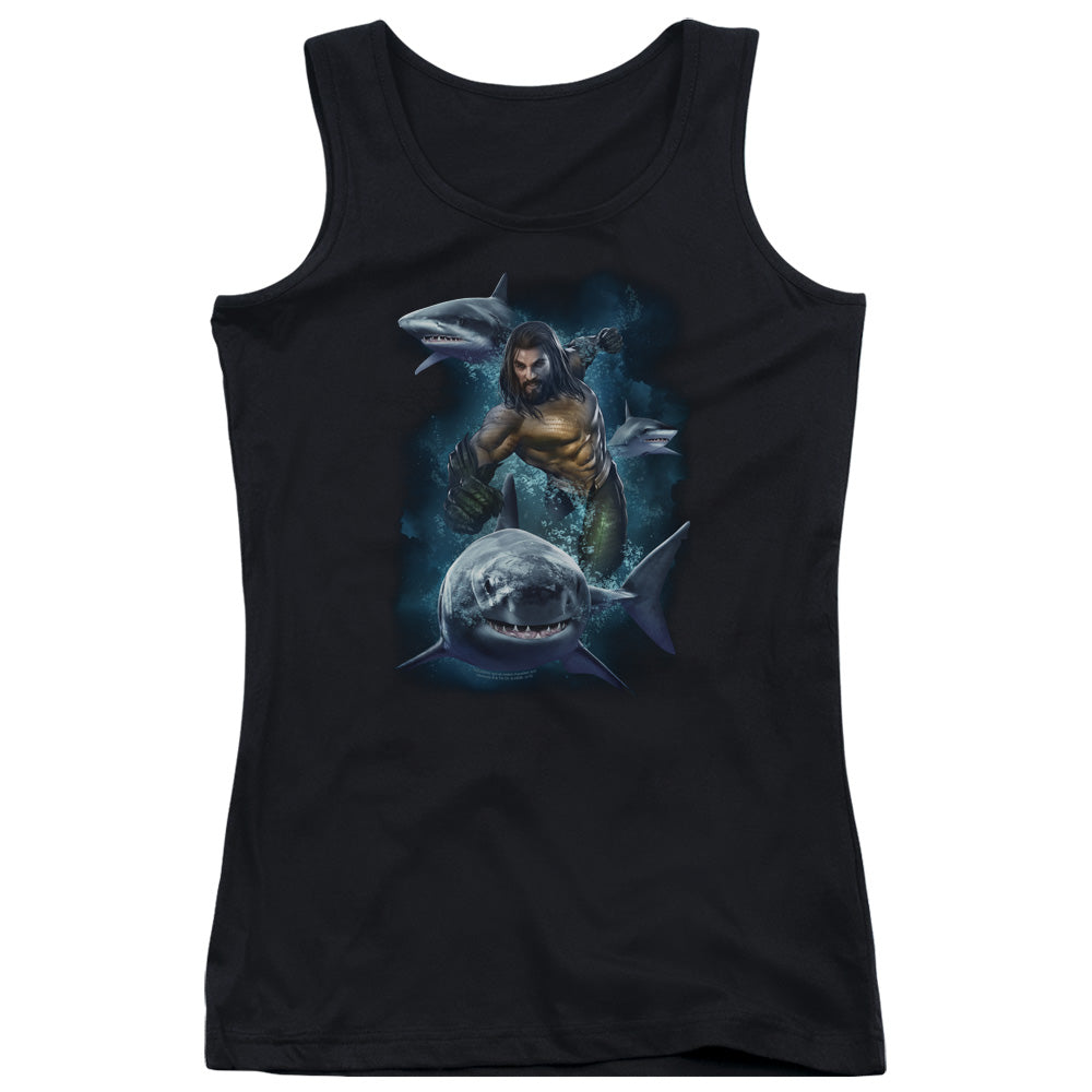 Aquaman Movie Swimming With Sharks Womens Tank Top Shirt Black