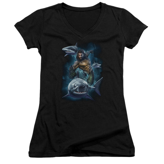 Aquaman Movie Swimming With Sharks Junior Sheer Cap Sleeve V-Neck Womens T Shirt Black