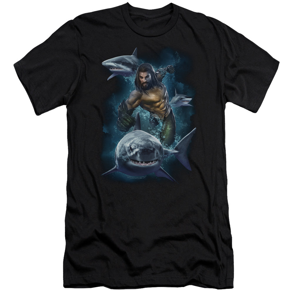 Aquaman Movie Swimming With Sharks Premium Bella Canvas Slim Fit Mens T Shirt Black