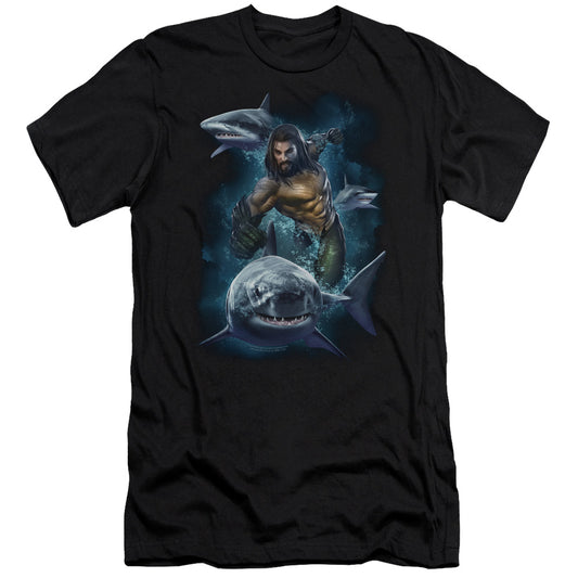 Aquaman Movie Swimming With Sharks Slim Fit Mens T Shirt Black