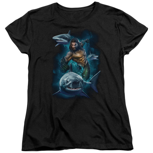 Aquaman Movie Swimming With Sharks Womens T Shirt Black