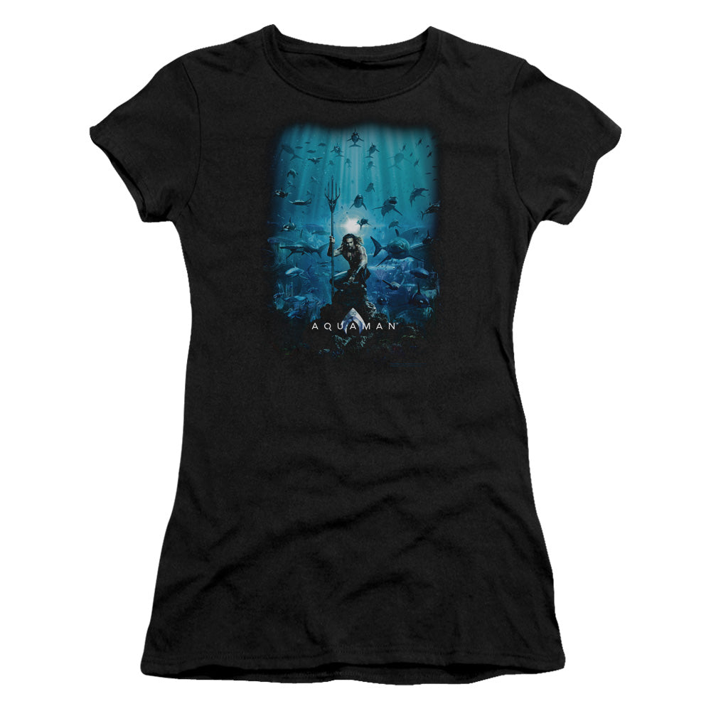 Aquaman Movie Poster Junior Sheer Cap Sleeve Womens T Shirt Black