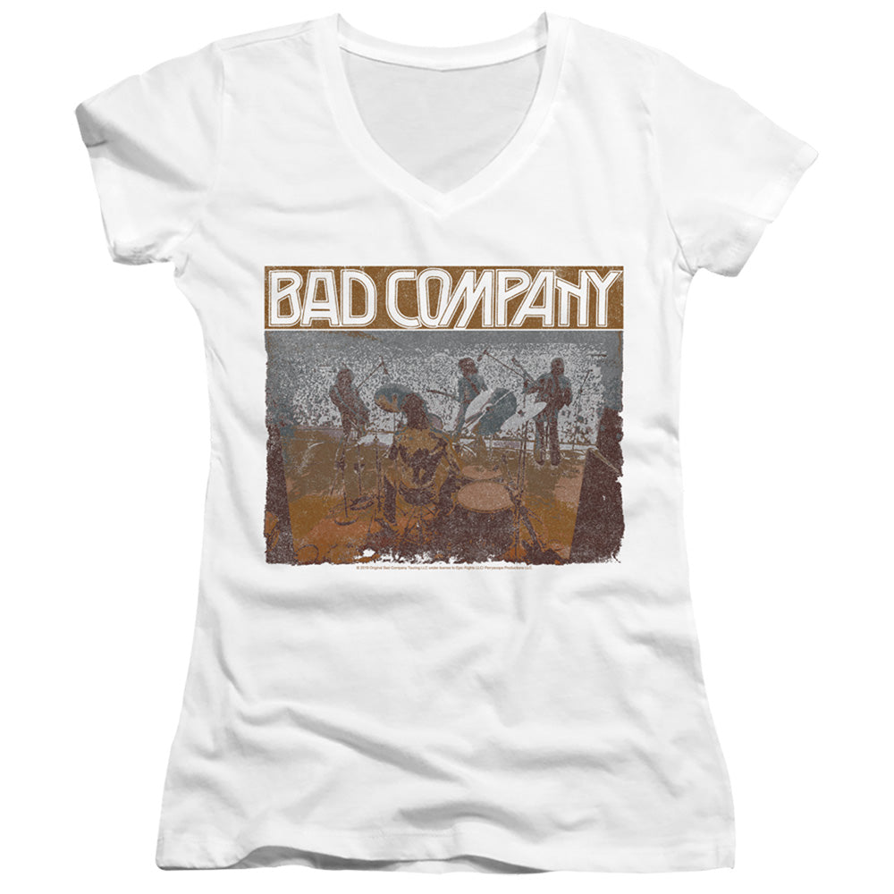 Bad Company Swan Song Junior Sheer Cap Sleeve V-Neck Womens T Shirt White