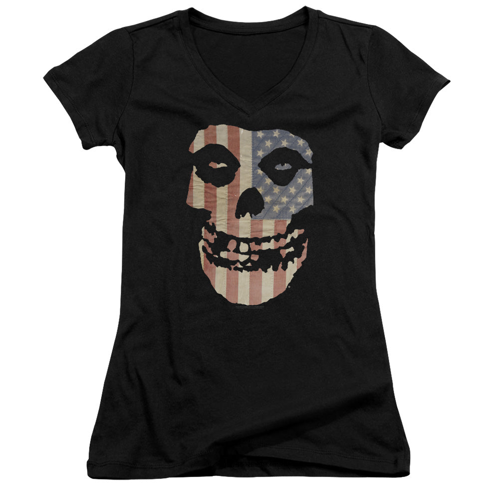 Misfits Fiend Flag Colored Junior Sheer Cap Sleeve V-Neck Womens T Shirt Black