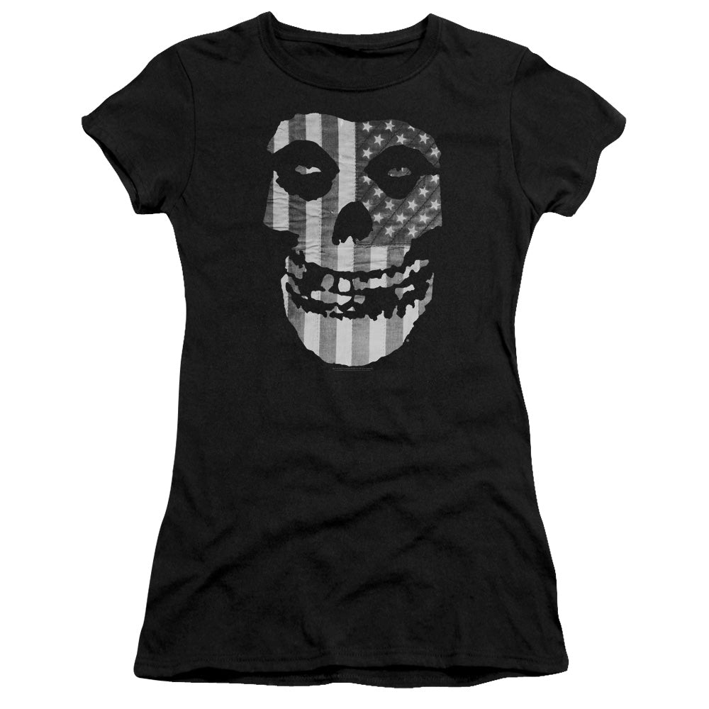 Misfits Fiend Flag Black & White Junior Sheer Cap Sleeve Womens T Shirt Black