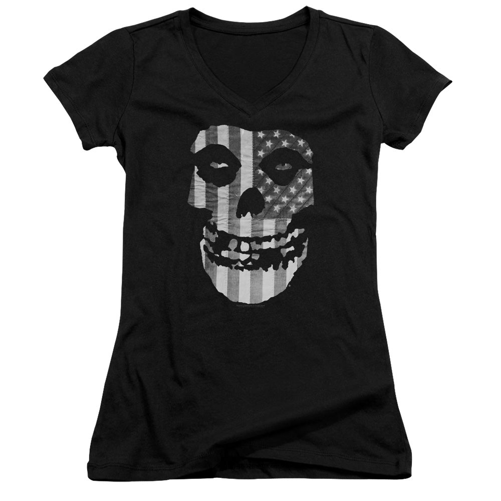 Misfits Fiend Flag Black & White Junior Sheer Cap Sleeve V-Neck Womens T Shirt Black