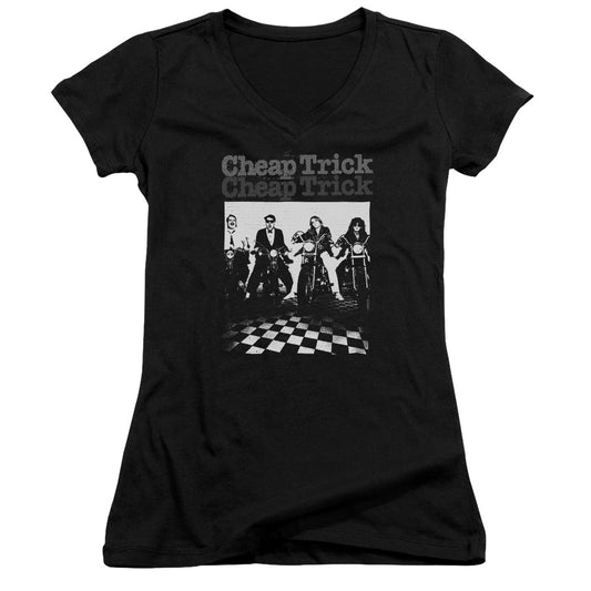 Cheap Trick Cheap Trick Bikes Junior Sheer Cap Sleeve V-Neck Womens T Shirt Black