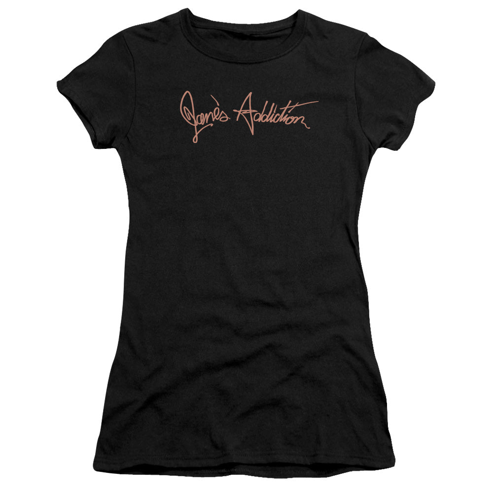 Janes Addiction Script Logo Junior Sheer Cap Sleeve Womens T Shirt Black