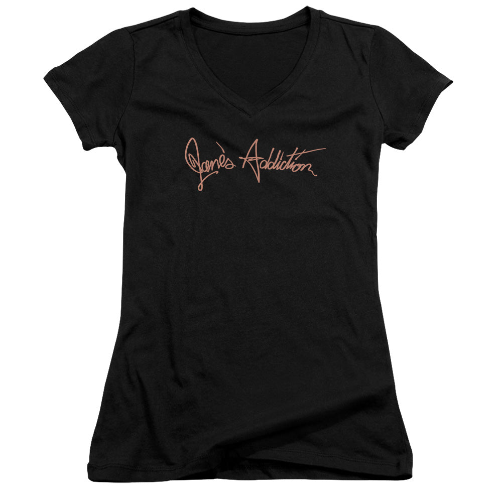 Janes Addiction Script Logo Junior Sheer Cap Sleeve V-Neck Womens T Shirt Black