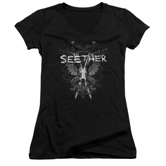 Seether Suffer Junior Sheer Cap Sleeve V-Neck Womens T Shirt Black