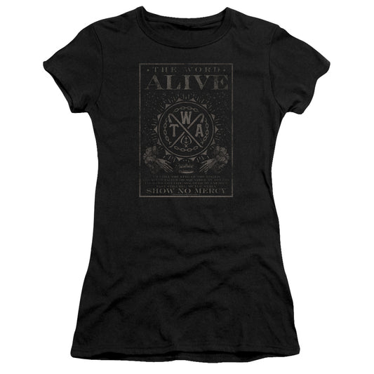 The Word Alive Show No Mercy Junior Sheer Cap Sleeve Womens T Shirt Black