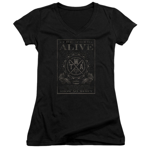 The Word Alive Show No Mercy Junior Sheer Cap Sleeve V-Neck Womens T Shirt Black