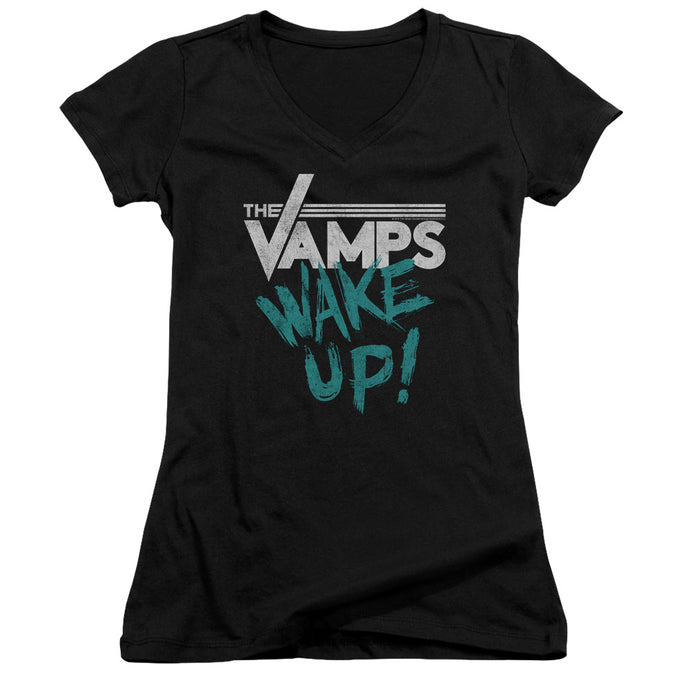 The Vamps Wake Up Junior Sheer Cap Sleeve V-Neck Womens T Shirt Black
