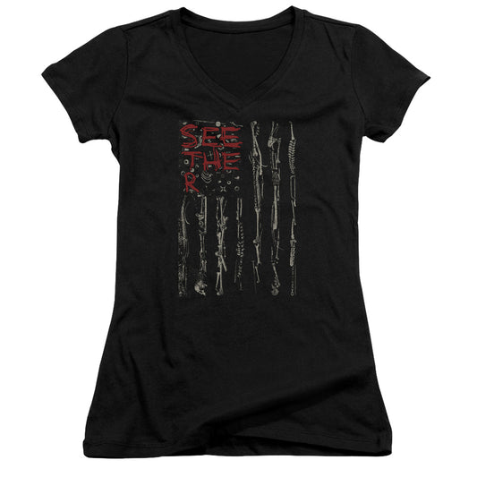 Seether Bone Flag Junior Sheer Cap Sleeve V-Neck Womens T Shirt Black