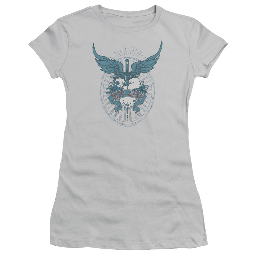 Bon Jovi Winged Heart Junior Sheer Cap Sleeve Womens T Shirt Silver