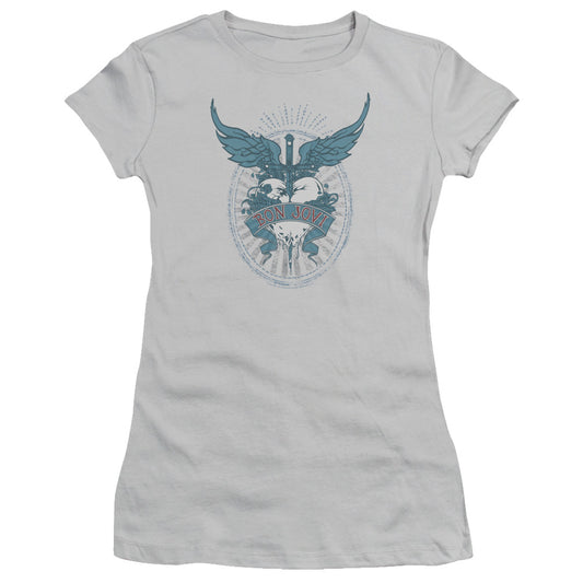 Bon Jovi Winged Heart Junior Sheer Cap Sleeve Womens T Shirt Silver