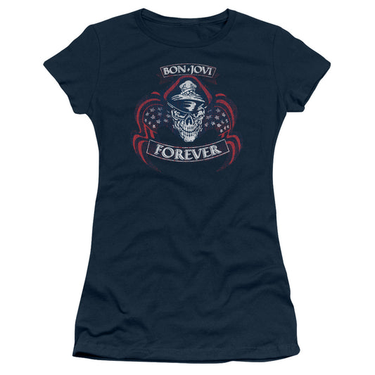 Bon Jovi Forever Skull Junior Sheer Cap Sleeve Womens T Shirt Navy Blue