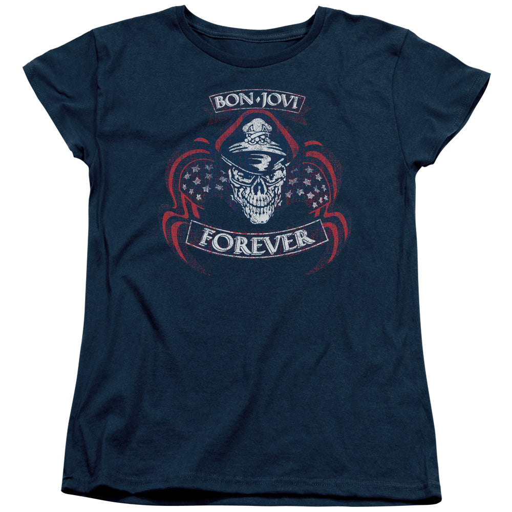 Bon Jovi Forever Skull Womens T Shirt Navy Blue