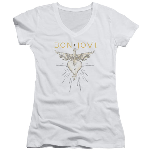 Bon Jovi Greatest Hits Junior Sheer Cap Sleeve V-Neck Womens T Shirt White