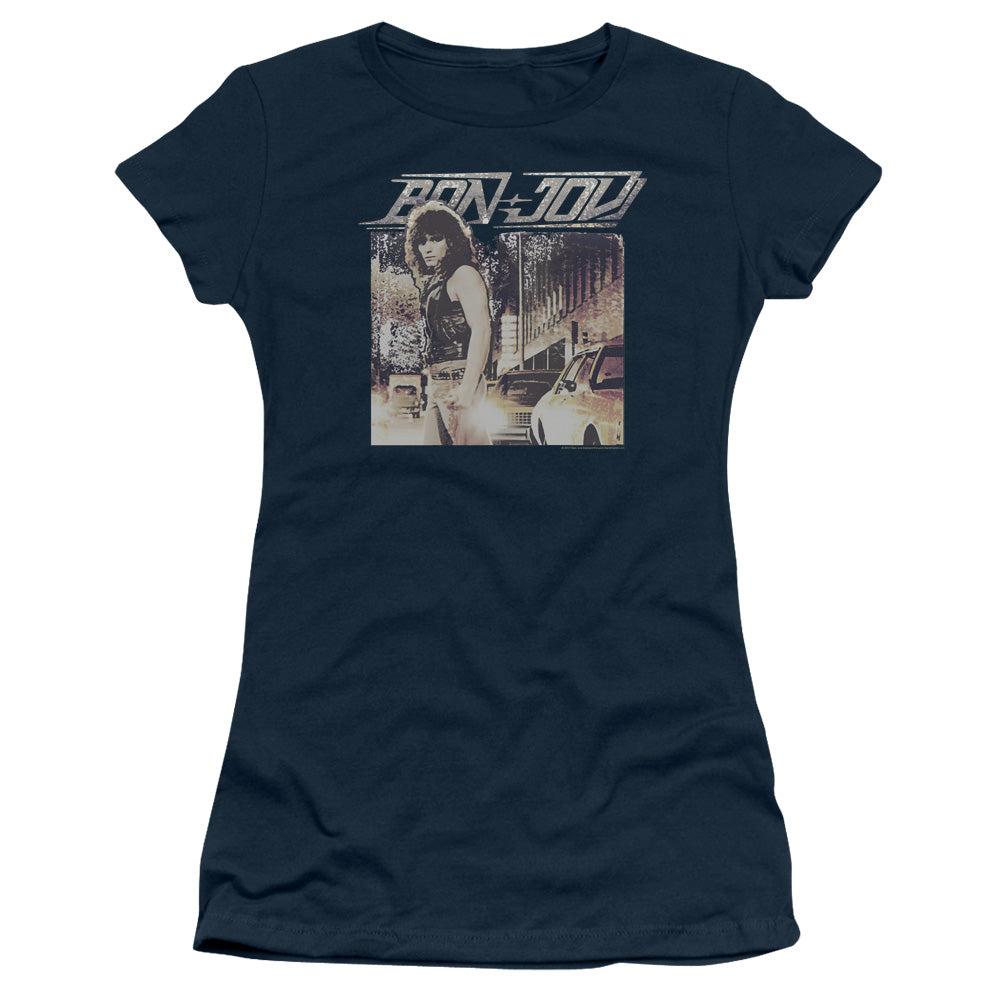 Bon Jovi Runaway Jon Junior Sheer Cap Sleeve Womens T Shirt Navy Blue