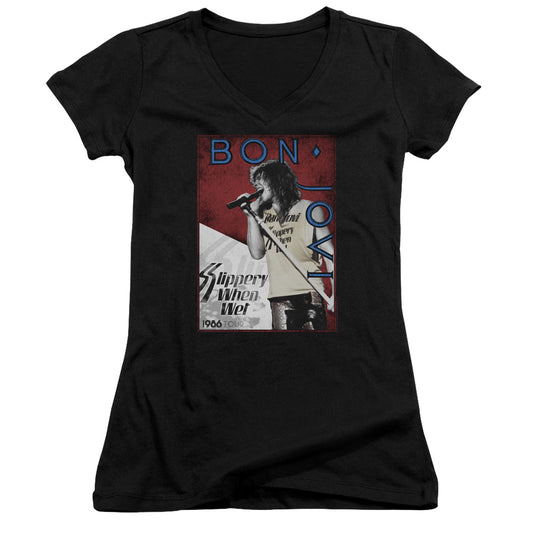 Bon Jovi 86 Tour Junior Sheer Cap Sleeve V-Neck Womens T Shirt Black