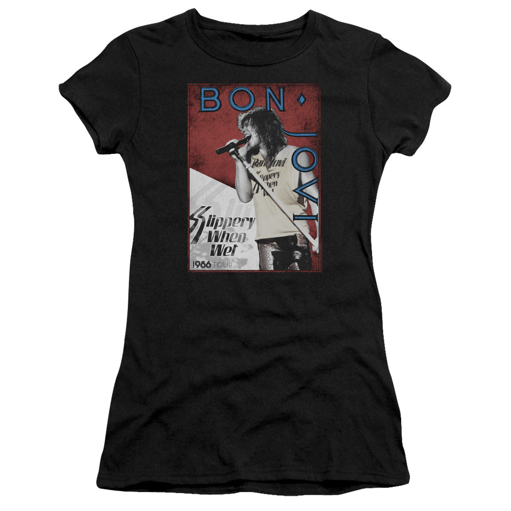 Bon Jovi 86 Tour Junior Sheer Cap Sleeve Premium Bella Canvas Womens T Shirt Black