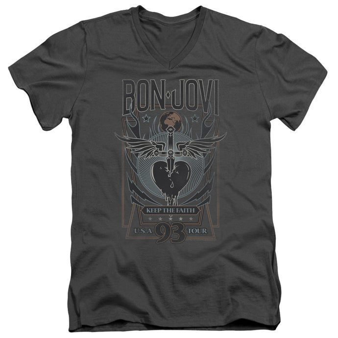 Bon Jovi Keep The Faith Mens Slim Fit V-Neck T Shirt Charcoal