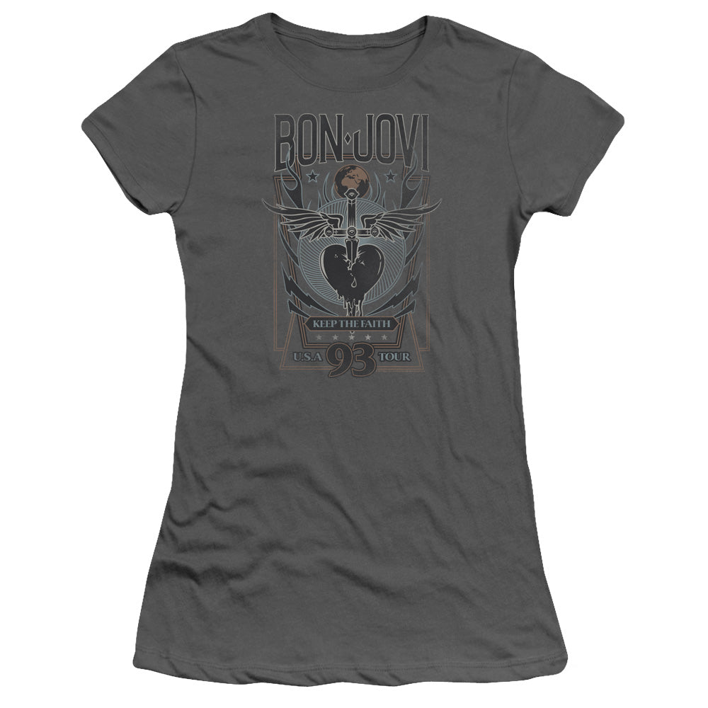 Bon Jovi Keep The Faith Junior Sheer Cap Sleeve Womens T Shirt Charcoal