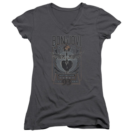 Bon Jovi Keep The Faith Junior Sheer Cap Sleeve V-Neck Womens T Shirt Charcoal