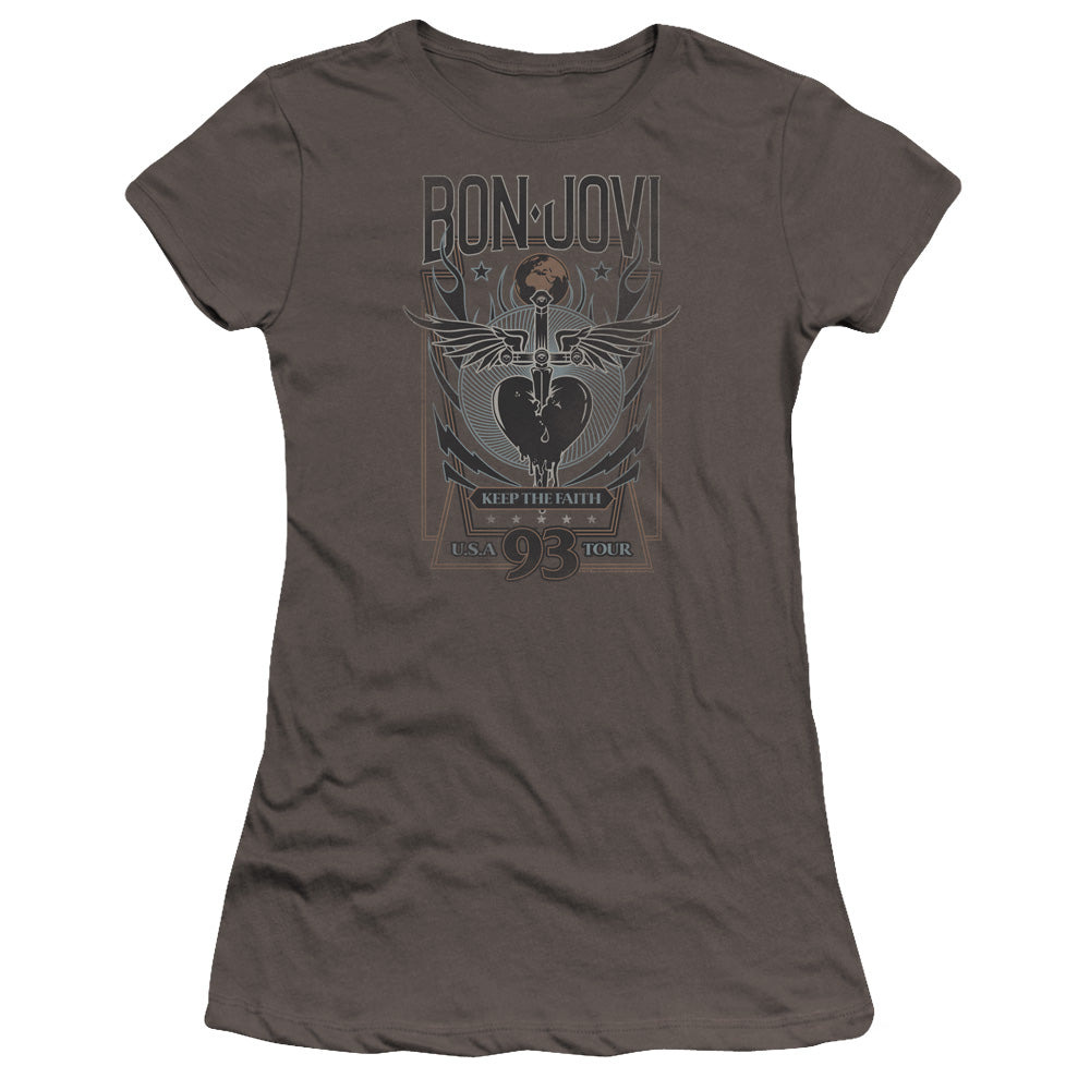 Bon Jovi Keep The Faith Junior Sheer Cap Sleeve Premium Bella Canvas Womens T Shirt Charcoal