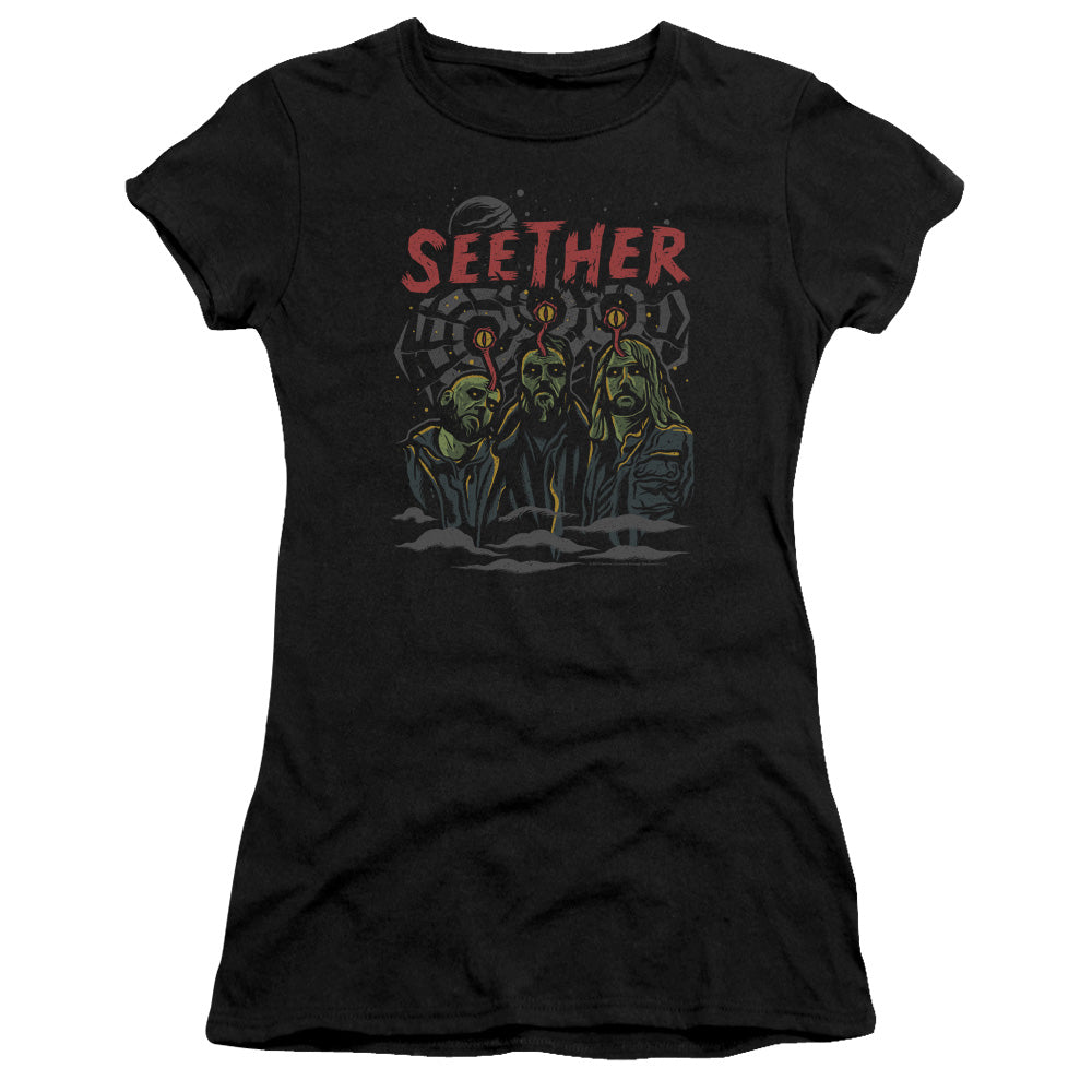 Seether Mind Control Junior Sheer Cap Sleeve Womens T Shirt Black