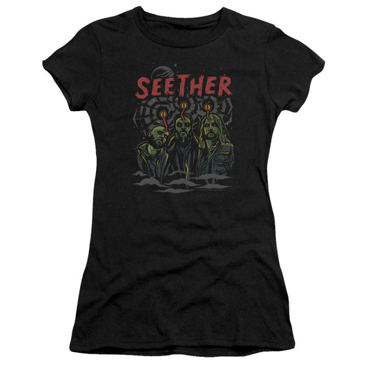 Seether Mind Control Junior Sheer Cap Sleeve Womens T Shirt Black