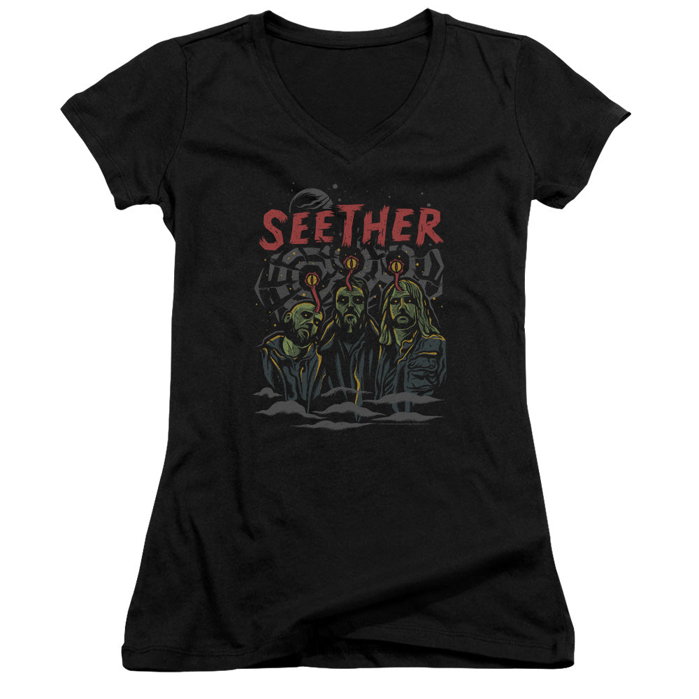 Seether Mind Control Junior Sheer Cap Sleeve V-Neck Womens T Shirt Black