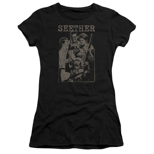 Seether Happy Family Junior Sheer Cap Sleeve Womens T Shirt Black