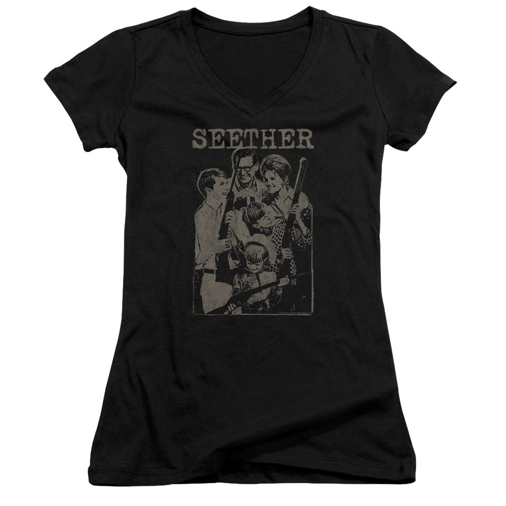 Seether Happy Family Junior Sheer Cap Sleeve V-Neck Womens T Shirt Black