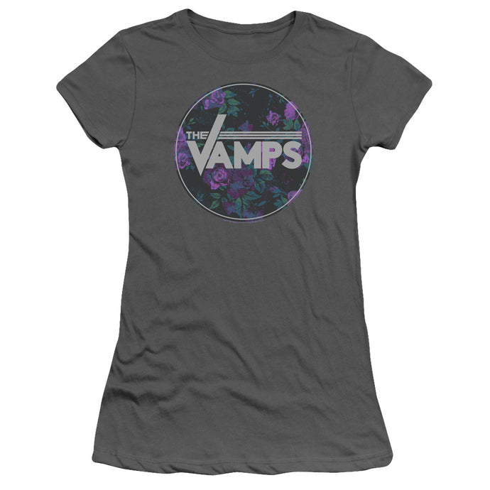 The Vamps Floral Vamps Junior Sheer Cap Sleeve Womens T Shirt Charcoal