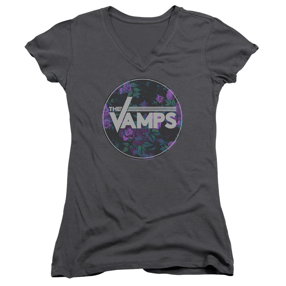 The Vamps Floral Vamps Junior Sheer Cap Sleeve V-Neck Womens T Shirt Charcoal