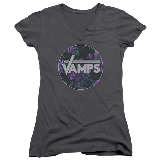 The Vamps Floral Vamps Junior Sheer Cap Sleeve V-Neck Womens T Shirt Charcoal