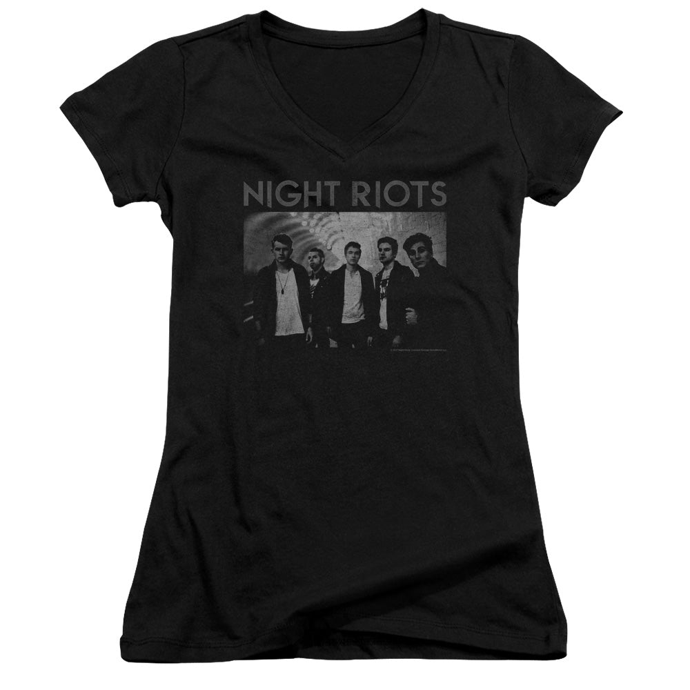 Night Riots Greyscale Junior Sheer Cap Sleeve V-Neck Womens T Shirt Black