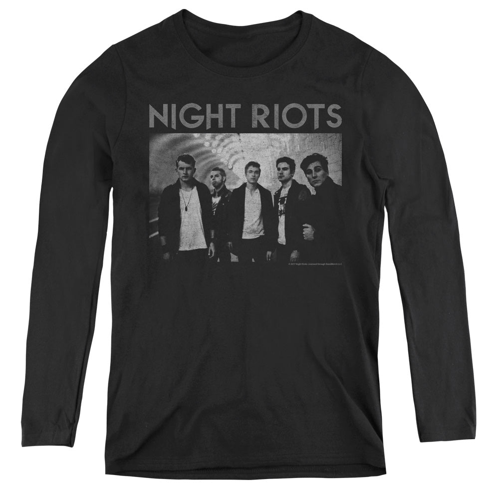 Night Riots Greyscale Womens Long Sleeve Shirt Black