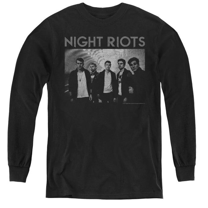 Night Riots Greyscale Long Sleeve Kids Youth T Shirt Black