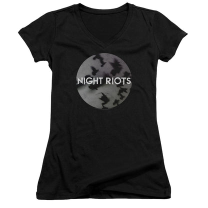 Night Riots Flock Junior Sheer Cap Sleeve V-Neck Womens T Shirt Black