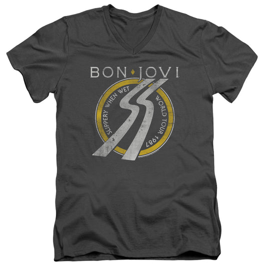 Bon Jovi Slippery When Wet World Tour Mens Slim Fit V-Neck T Shirt Charcoal