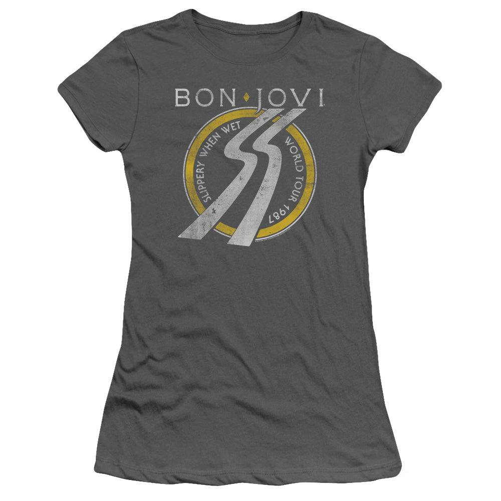 Bon Jovi Slippery When Wet World Tour Junior Sheer Cap Sleeve Womens T Shirt Charcoal