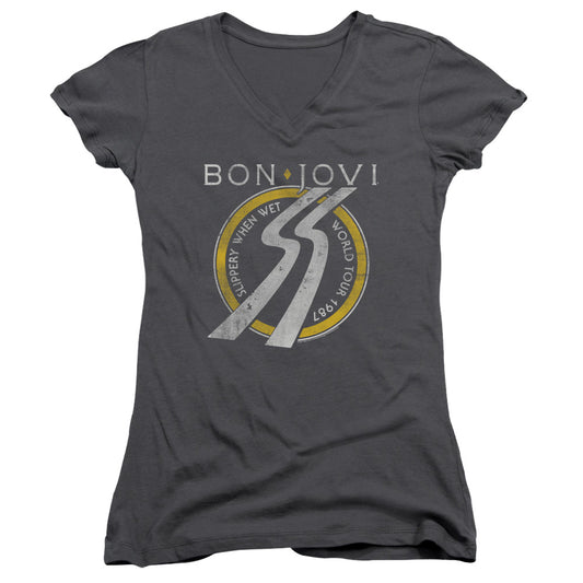 Bon Jovi Slippery When Wet World Tour Junior Sheer Cap Sleeve V-Neck Womens T Shirt Charcoal